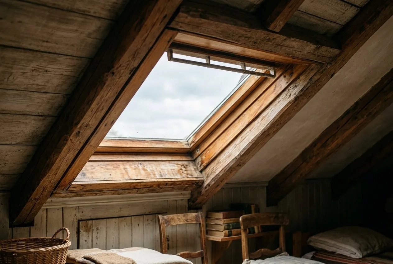 Symbolbild: älteres Dachfenster mit Holzrahmen und Patina in einer Dachschräge mit alten Holzbalken, bewölkter Himmel