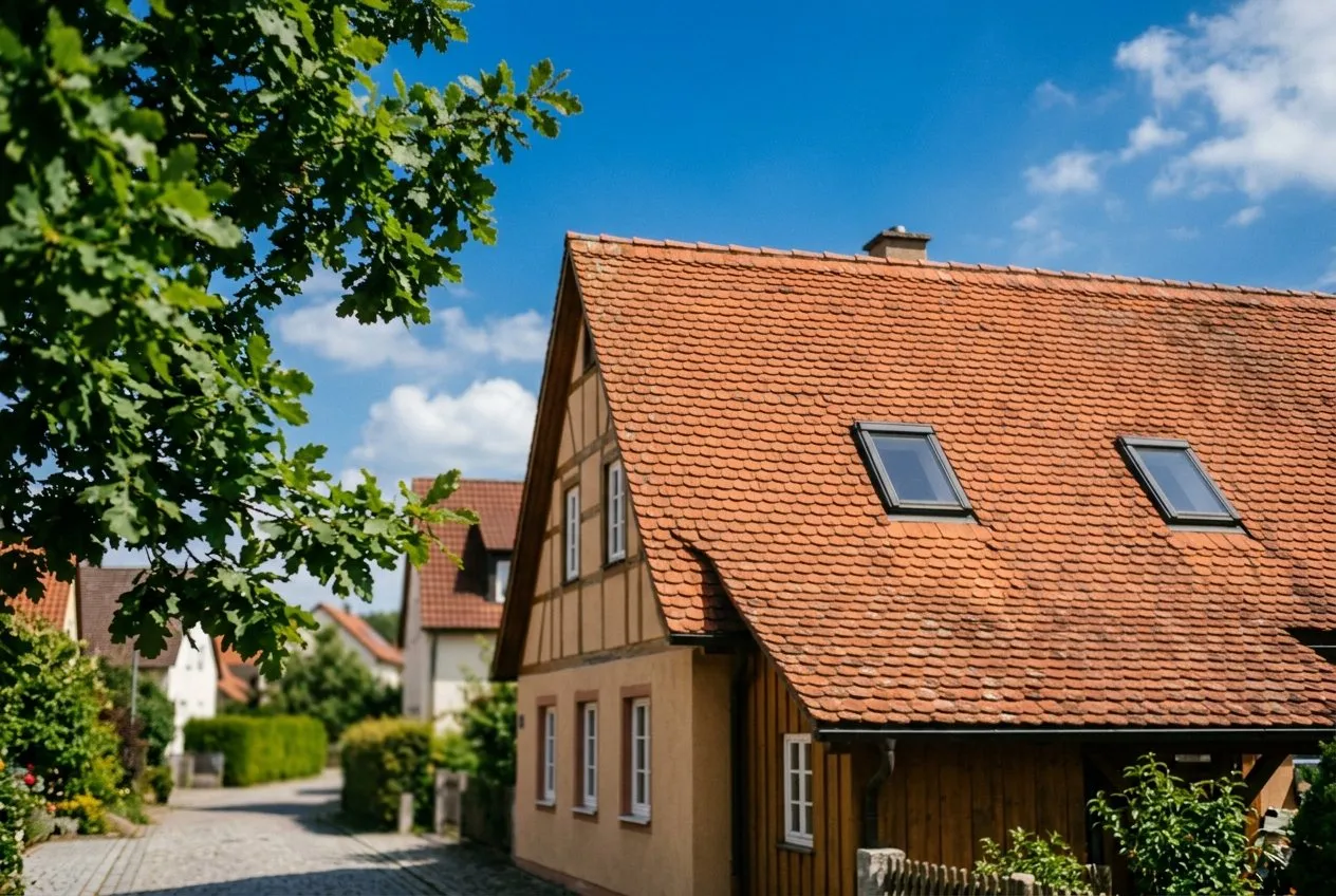 Symbolbild: Fachwerkhaus mit rotem Ziegeldach und zwei Dachfenstern an einem sonnigen Sommertag, im Vordergrund Eichenlaub