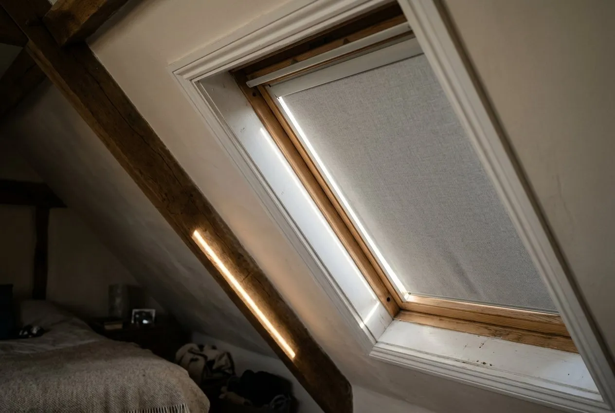 Symbolbild: Dachfenster in einer Schräge mit geschlossenem hellgrauem Stoffrollo, am seitlichen Rand zwischen Rollo und Rahmen fällt ein schmaler Lichtstreifen in den abgedunkelten Raum