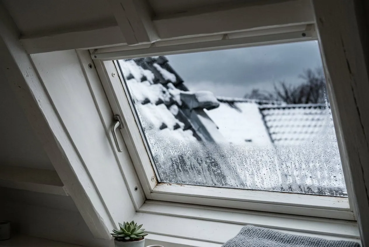 Symbolbild: Dachfenster im Winter von innen, unten auf der Scheibe Kondenswassertropfen, draußen verschneite Dachziegel