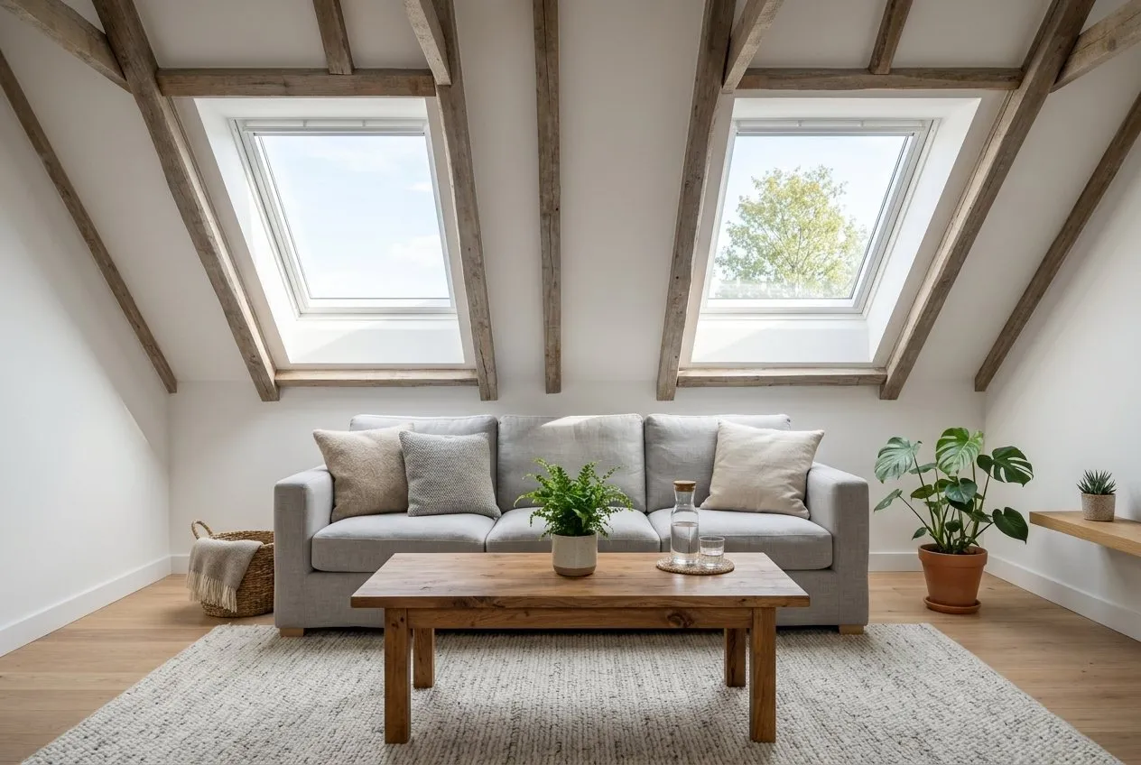 Symbolbild: helles ausgebautes Dachgeschoss als Wohnzimmer mit Holzbalken, zwei Dachfenstern in der Schräge, grauem Sofa und Holztisch