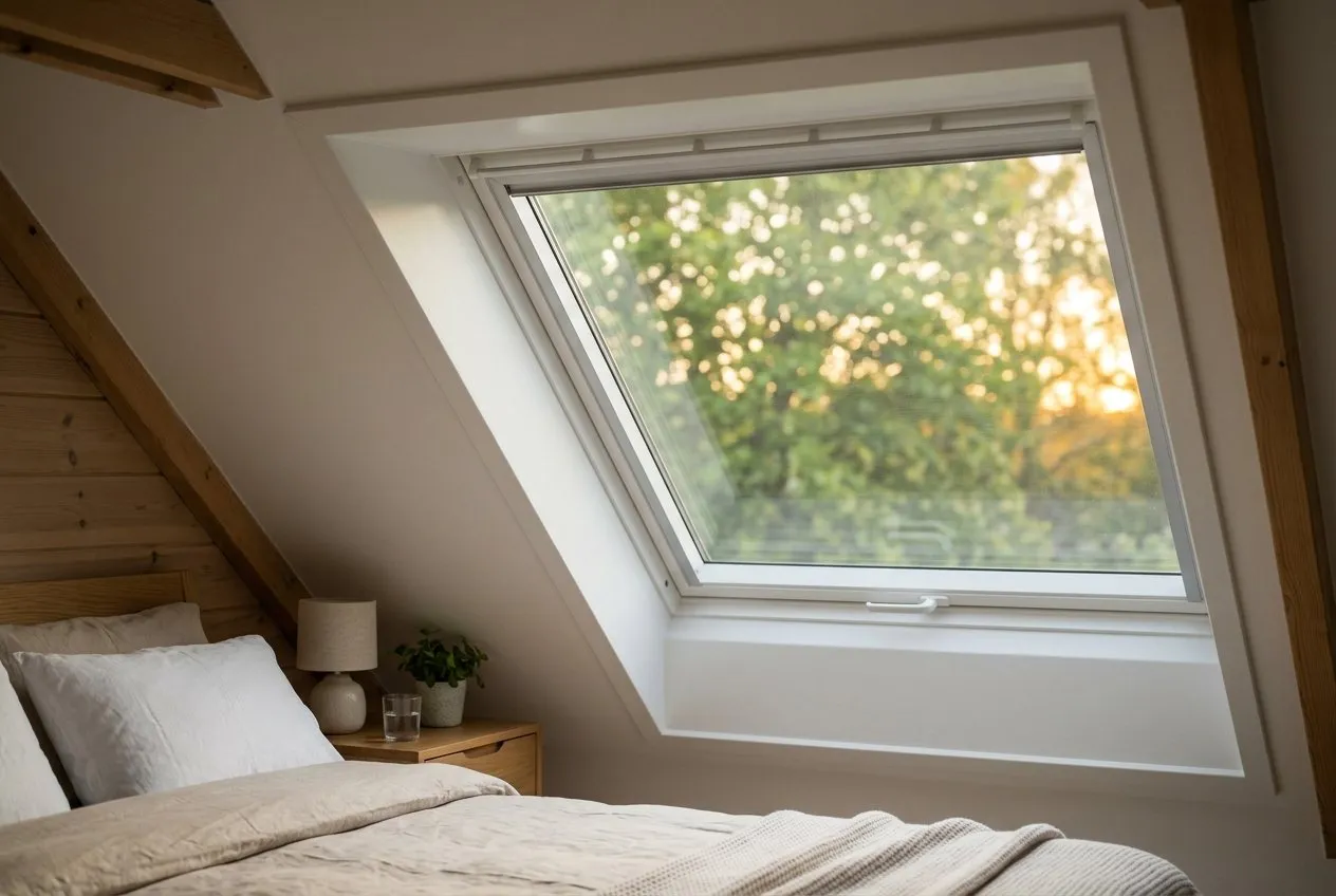 Symbolbild: Schlafzimmer unter der Dachschräge am Sommerabend, großes weißes Dachfenster mit feinem Gitter vor der Scheibe, dahinter unscharf grüne Bäume im Abendlicht