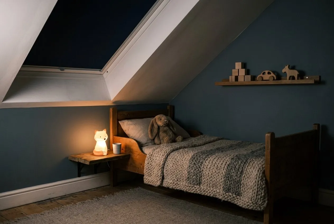 Symbolbild: Kinderzimmer unter der Dachschräge am Abend, das Dachfenster mit dunkelblauem Stoff abgedunkelt, Holzbett mit Strickdecke und Stoffhase, eine kleine Nachtlampe leuchtet warm