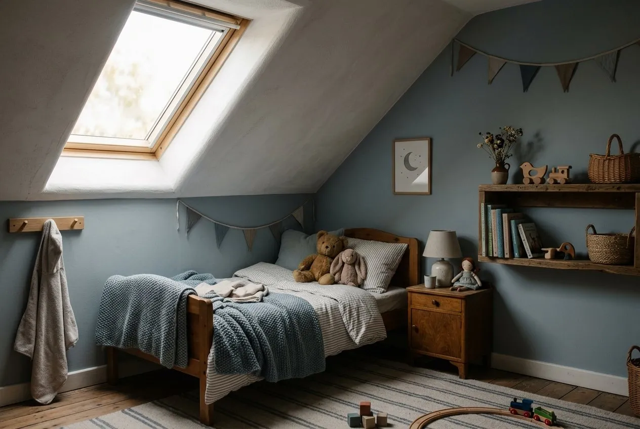 Symbolbild: Kinderzimmer unter der Dachschräge mit blaugrauen Wänden, Holzbett mit Strickdecke und Kuscheltieren, oben ein Dachfenster ohne Sonnenschutz