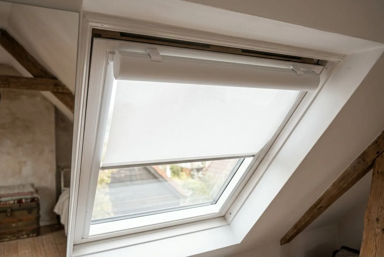 Symbolbild: weißes Dachfenster in einer Schräge, oben am Fensterflügel ein schlichtes weißes Stoffrollo mit kleinen Halteklammern, das Rollo ist halb heruntergezogen