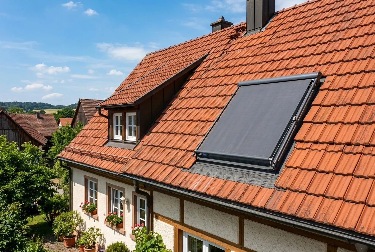 Symbolbild: rotes Ziegeldach eines Fachwerkhauses an einem Sommertag, ein Dachfenster ist außen mit einem dunkelgrauen Gewebe-Sonnenschutz bespannt