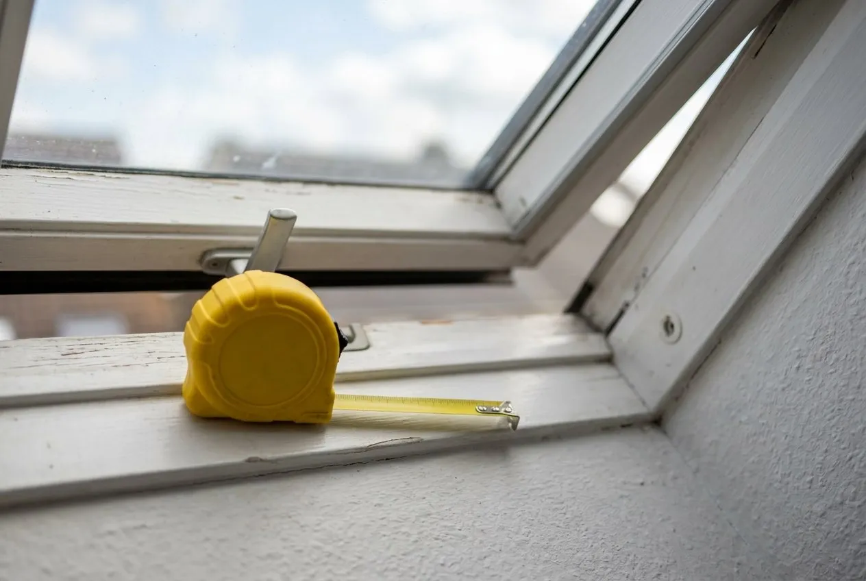 Symbolbild: gelbes Maßband auf dem weißen Rahmen eines geöffneten Dachfensters, dahinter unscharf der Himmel