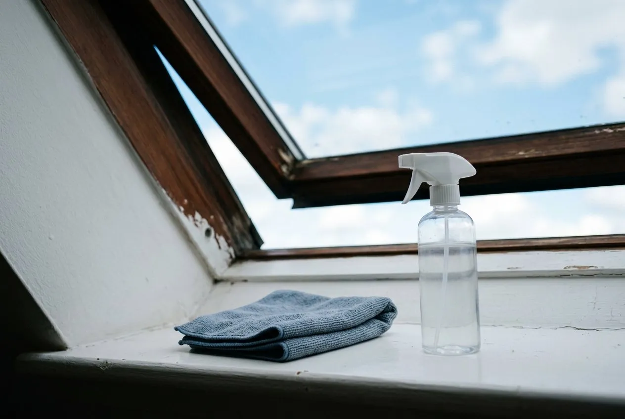 Symbolbild: Mikrofasertuch und unbeschriftete Sprühflasche auf der Innenfensterbank eines geöffneten Dachfensters, dahinter blauer Himmel
