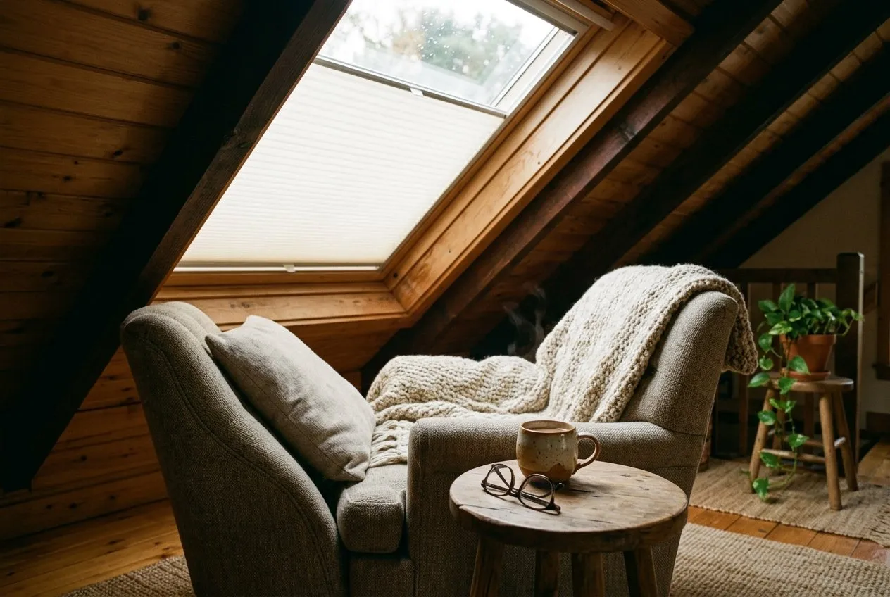 Symbolbild: Leseecke unter einer holzverkleideten Dachschräge, Dachfenster mit halb geschlossenem cremefarbenem Plissee, davor ein Sessel mit Strickdecke und ein Beistelltisch mit Tasse und Brille