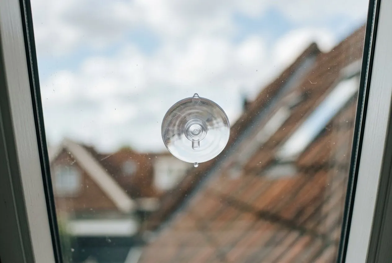 Symbolbild: einzelner durchsichtiger Saugnapf auf der Glasscheibe eines Dachfensters, dahinter unscharf Ziegeldächer und bewölkter Himmel