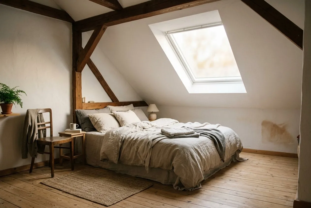 Symbolbild: Schlafzimmer unter einer Dachschräge mit Holzbalken, durch das Dachfenster fällt Morgenlicht