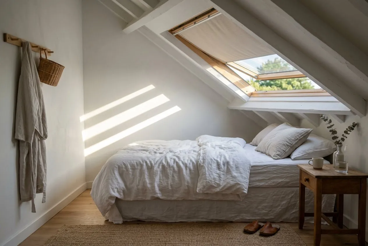 Symbolbild: helles Schlafzimmer unter der Dachschräge am Sommermorgen, das Stoffrollo am Dachfenster ist nicht ganz geschlossen, Sonnenstreifen fallen auf die Wand